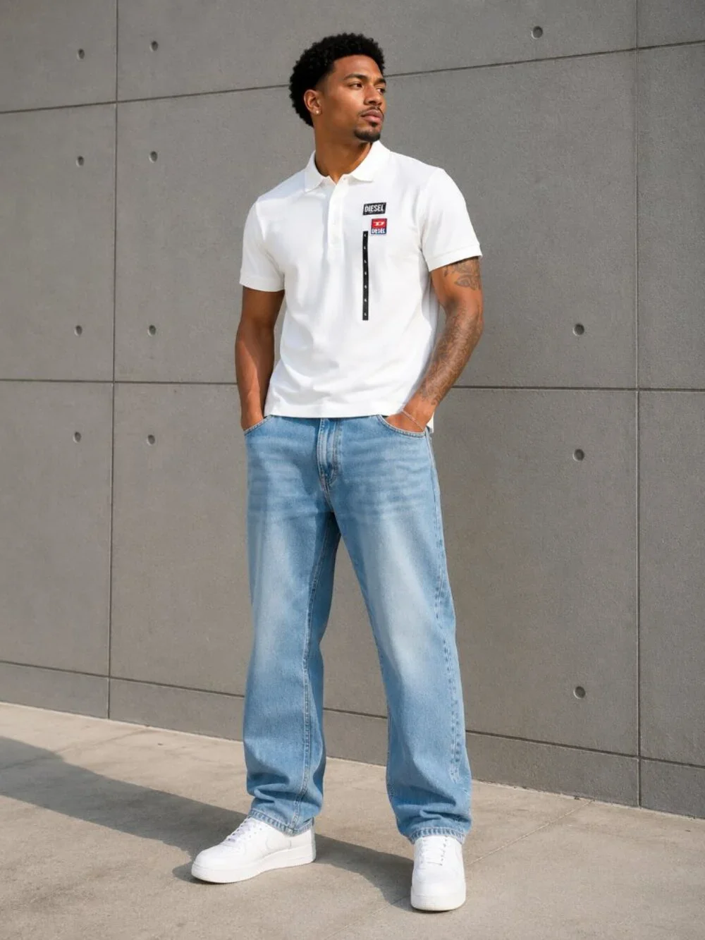 New Men's Diesel White T Kal Patch Polo Shirt - L